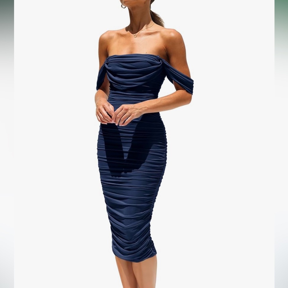 Prettygarden Off The Shoulder Ruched Midi Dress